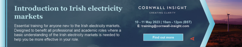 Advert for our Introduction to Irish electricity markets course. Learn more by emailing training@cornwall-insight.com