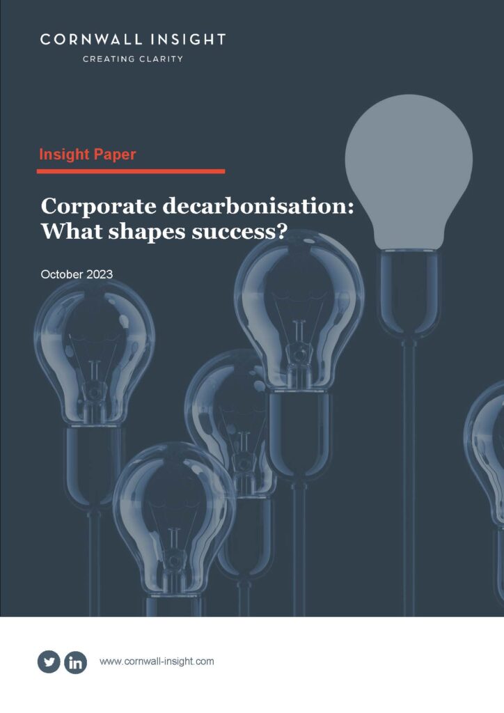 Front cover of Cornwall Insight's insight paper, 'Corporate decarbonisation: What shapes success?' published in October 2023.